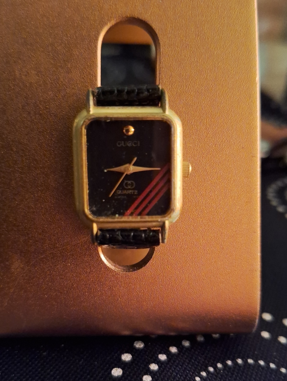 Gucci Black Dial Gold-Tone Rectangular Women's Watch with Red Stripe